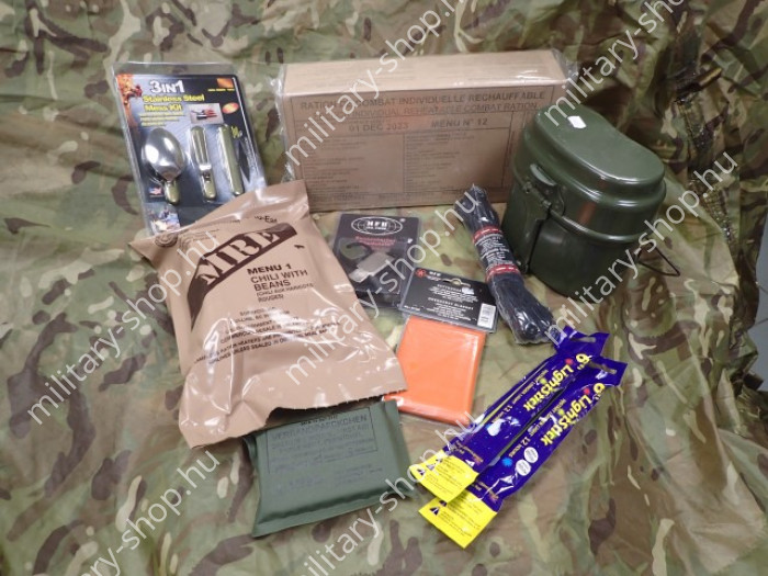 katonai túlélő csomag élelmiszer fejadag víztisztító fertőtlenítő tabletta  tűzgyújtó katonai bolt üzlet army military shop store in budapest
